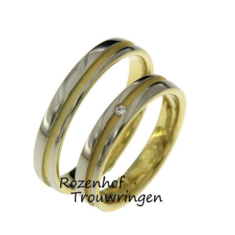 Hoe mooi zijn deze bicolor trouwringen! De trouwringen zijn vervaardigd in geel- en witgoud. De ringen hebben beiden een diepe gele lijn in de ring verwerkt. De trouwringen hebben een matte afwerking en zijn gepolijst. De ringen hebben allebei een breedte van 4mm.
