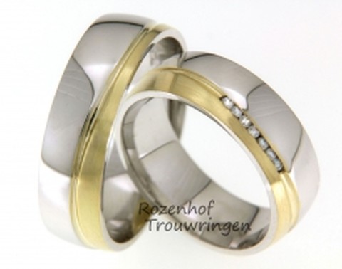 Bolle bicolor trouwringen met 7 schitterende diamanten. De contrasterende kleuren goud vallen extra op in deze ring door het gebruik van het glanzende witgoud en het matte geelgoud.