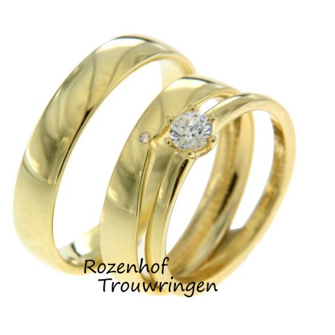 Luxe trouwringen met een opvallende diamant, wat een schoonheid! Alle ringen zijn vervaardigd in geelgoud en gepolijst wat ervoor zorgt dat ze chique zijn!