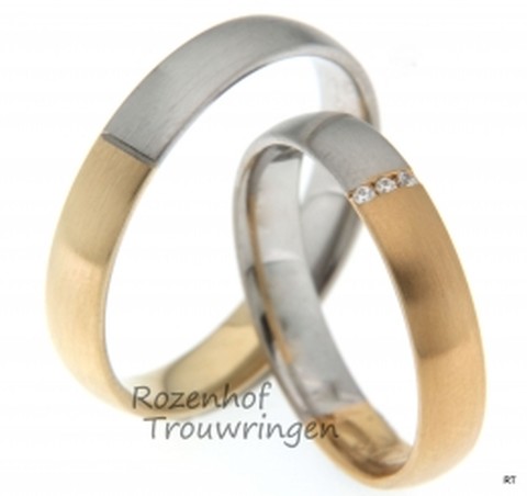 Deze mooie trouwringen zijn uitgevoerd in wit- en geelgoud. De ringen zijn mat afgewerkt en 4 mm breed.