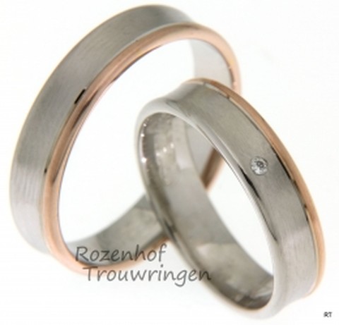 Schitterende trouwringen uitgevoerd in het witgoud en roodgoud van 5 mm breed. Deze ringen zijn uitermate geschikt voor een liefdevol koppel.