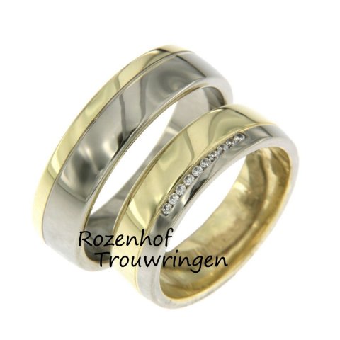 Gold & White! Deze schitterende trouwringen zijn vervaardigd uit wit- en geelgoud. Beiden ringen hebben een breedte van 6 mm en hebben een gepolijste afwerking. Voor de dames trouwring zitten er tien briljant geslepen diamanten sierlijk naast elkaar gezet, wat de ring super elegant maakt!