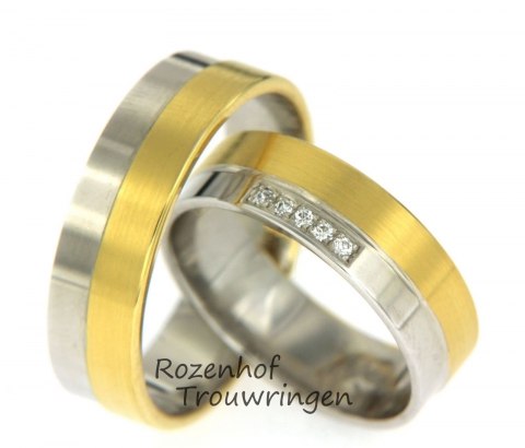 Mooie, strakke trouwringen bestaand uit wit- en geelgoud. De breedte van beide ringen is 6 mm. De ringen zijn voor de helft geelgoud en voor de helft witgoud. Bij de damesring zit in het witgouden gedeelte een klein veldje van vijf briljant geslepen diamanten van 0,025 ct. Mooi setje trouwringen voor eindeloos geluk! Deze ringen zijn leverbaar in 9, 14 en 18 karaat goud.
