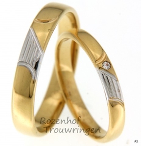 Aparte trouwringen uitgevoerd in het geelgoud met witgoud. Beide ringen hebben een speelse uitstraling en in de ring voor haar zit nog een fonkelende diamant.