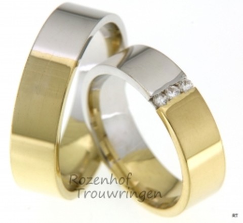 Charmante trouwringen in twee kleuren met schitterende diamanten. De ring bestaat uit twee delen. Het ene deel is van witgoud het andere deel van geelgoud.