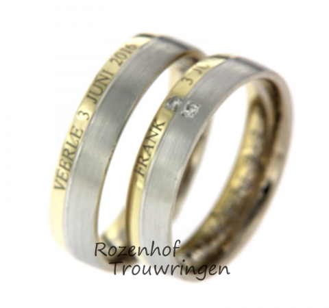 Deze mooie persoonlijke trouwringen zijn verkrijgbaar bij Rozenhof Trouwringen. De ringen bestaan uit wit- en geelgoud. In het geelgouden deel staat iets persoonlijks, namelijk u naam van u verloofde en de trouwdatum. Andere tekst is ook mogelijk. In de damesring zijn twee briljant geslepen diamanten gezet. Deze ringen zijn leverbaar in 9, 14 en 18 karaat goud.