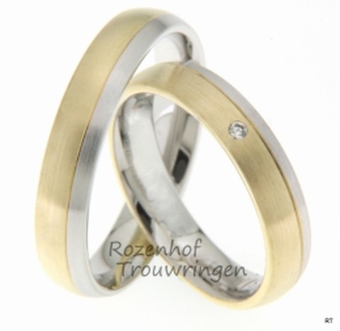 Hemelse, bicolor trouwringen met stralende diamant. De ring bestaat uit een brede band van mat geelgoud en een band van mat witgoud.