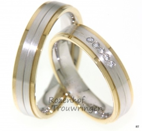 Magnifieke, bicolor trouwringen van 5 mm breed. De ringen bestaan uit geelgoud en witgoud. De dames trouwring is bezet met 5 briljant geslepen diamanten van in totaal 0,075 ct.