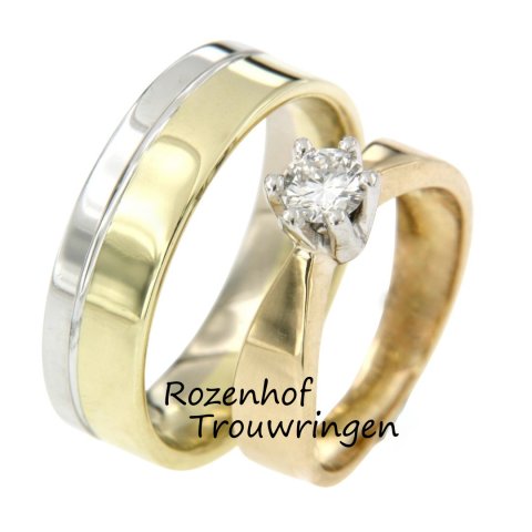 Beeldige matching trouwringen met bicolor ring en diamant