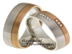 Bicolor trouwringen van 6,5 mm breed met warme uitstraling door het gebruik van de matte roodgouden baan. De andere baan is gemaakt van mat witgoud. De dames trouwring is bezet met 8 fonkelende briljant geslepen diamanten van in totaal 0,08 ct, waarvan er drie in de roodgouden baan zijn gezet en 5 in de witgouden baan.